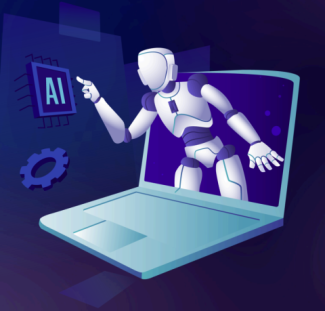 Image of Artificial Intelligence, robot coming out of a laptop infographic