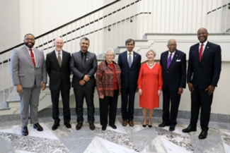 Image: from left: Dr. Alton Standifer, Vice Provost for Inclusive Excellence and Chief of Staff to the Provost; Dr. Matthew Heric, Chair, Graduate Education Advancement Board; Alumni of Distinction Award Recipients: Dr. Khalifeh AlJadda, Dr. Theda Perdue, Dr. Ashvin Chhabra, Honorable Ms. Inez Tenenbaum, Dr. Leo Twiggs; Dr. Ron Walcott, Vice Provost for Graduate Education and Dean of the Graduate School